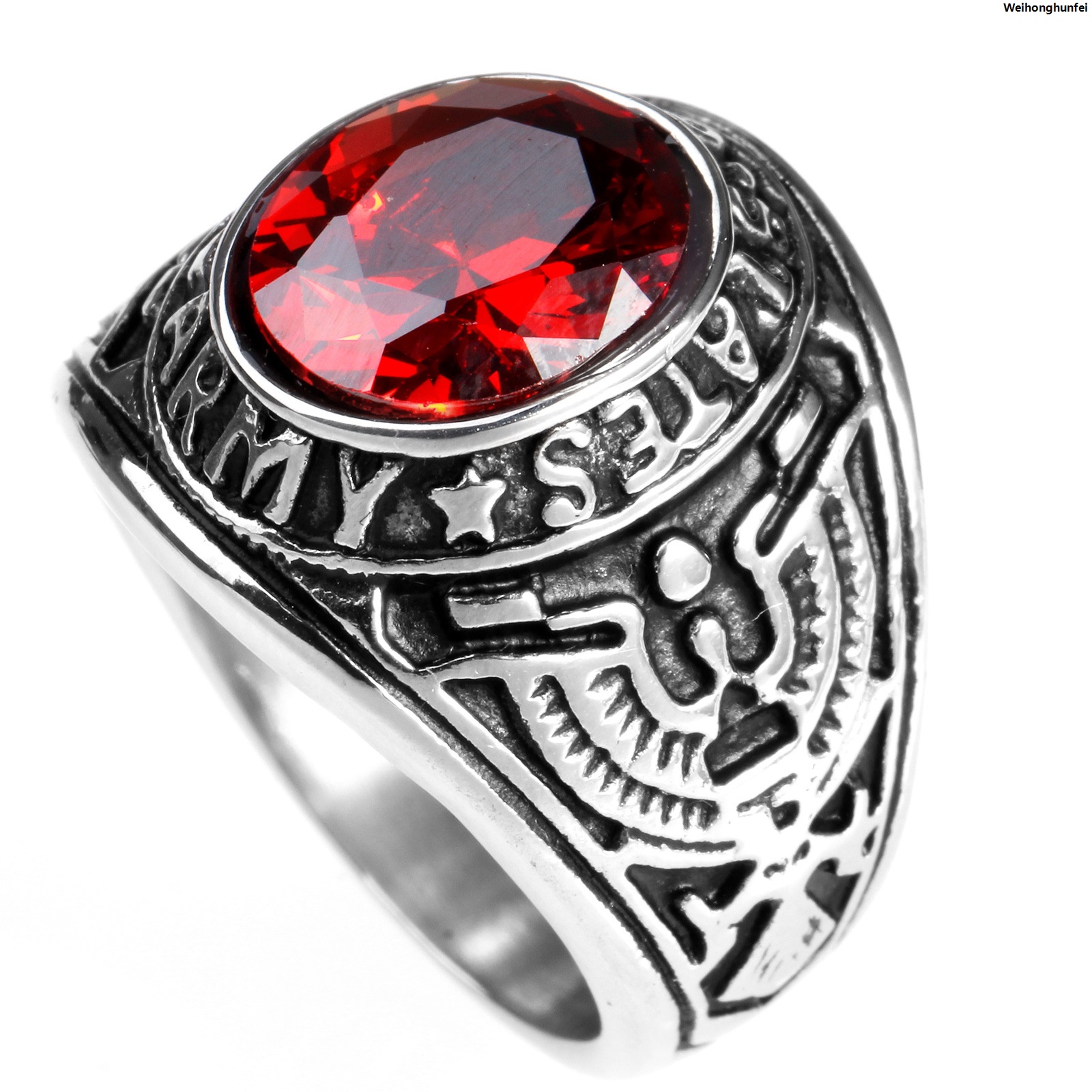 Weihonghunfei[ New ] Stainless Steel Stall Ornament American Soldier Retro Titanium Steel Eagle Red Green Blue Black Onyx Ring Male Special