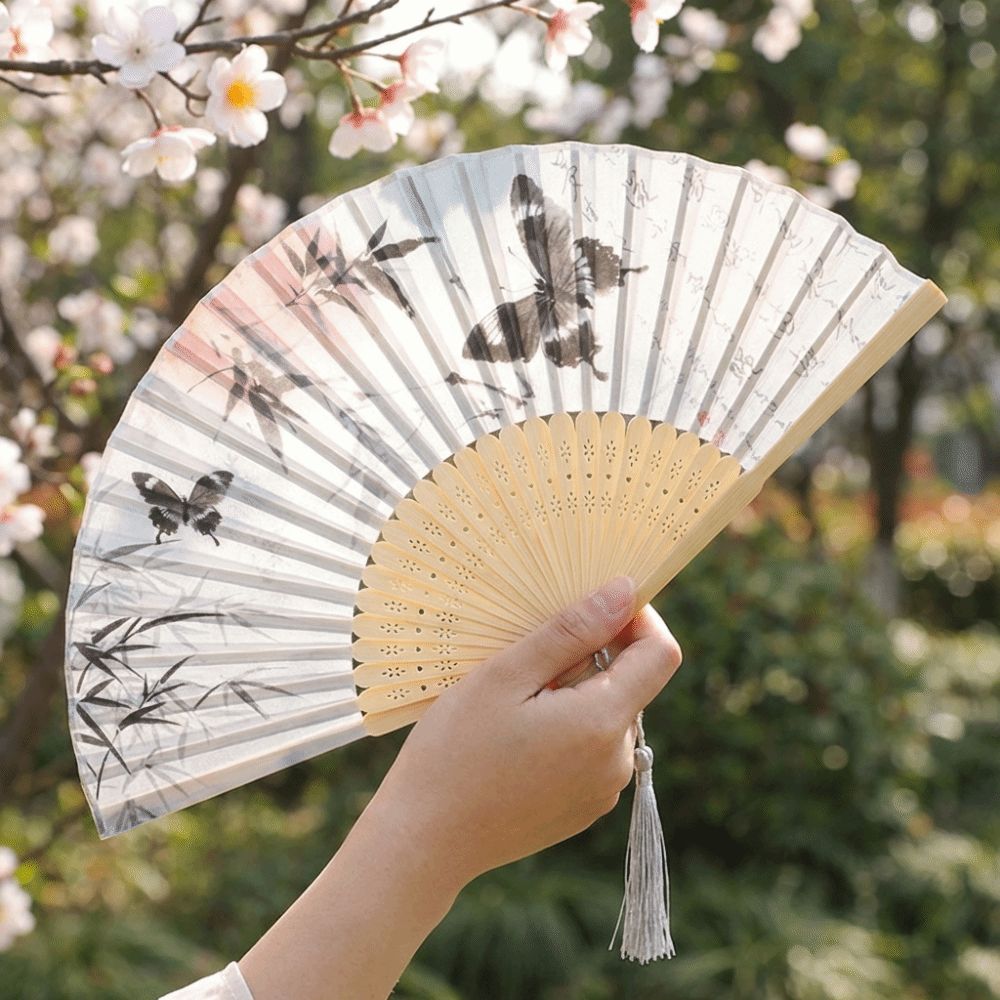 Decorative Chinese Style Bamboo Folding Fan Ink Wash Painting with Tassel Dance Fan Antique Handheld Portable Fan Hanfu Cheongsam