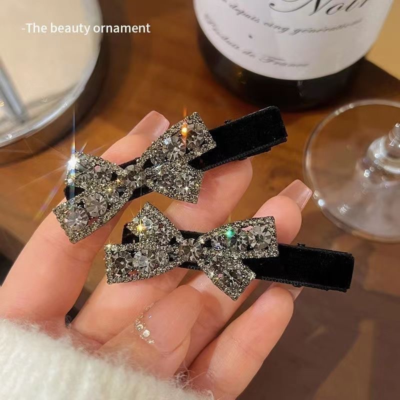 Black velvet hairpin full of diamonds, light luxury bow side clip, Internet red shiny diamond-encrusted hairpin, side clip duckbill clip