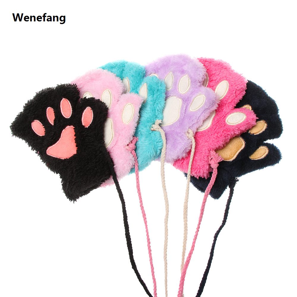 Wenefang 1Pair Children Cat Paw Fluffy Gloves Winter Warm Plush Fingerless Mittens Fashion Lovely Gloves for Girl Purple Khaki Black Pink