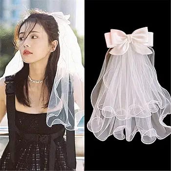 White Bridal Wedding Veil Bachelorette Party Veil with Bow in White - Elegant Wedding Tulle Veil
