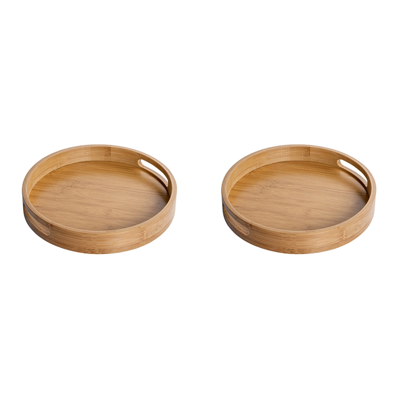 ZOROOM 2X Round Serving Tray with Handles - Wooden Bamboo Circle Tray for Coffee Table, Food, Ottoman 11.81 Inch X 1.57 Inch