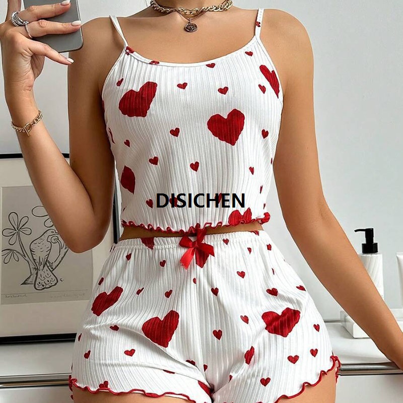 DISICHEN Hot Selling Womens Pajamas Set Sleepwear 2PCS Short Tank Tops And Shorts White Ventilate Soft Casual Red Love Printing Sleepwear 2025 New