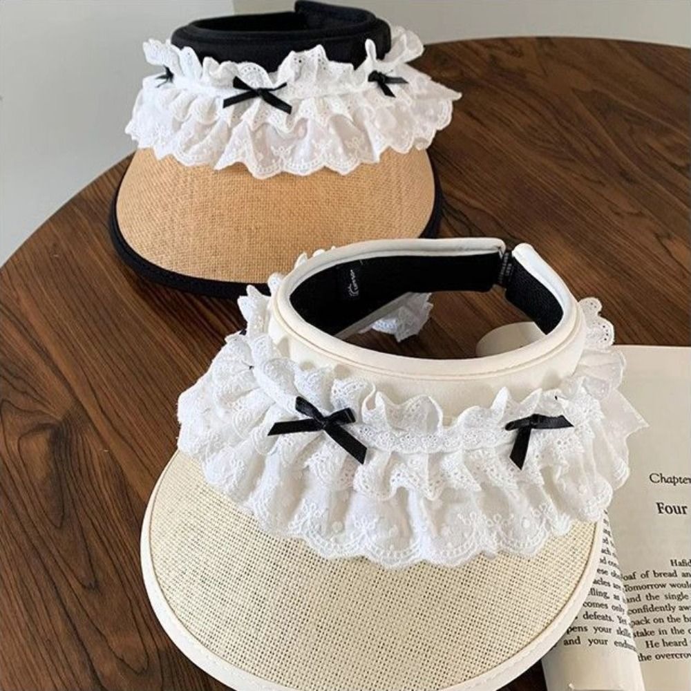 New UV Protection Lace Bow-knot Empty Top Sun Hat UPF50+ Large Brim Straw Sunshade Hat Breathable Lightweight Beach Hat For Outdoor Beach