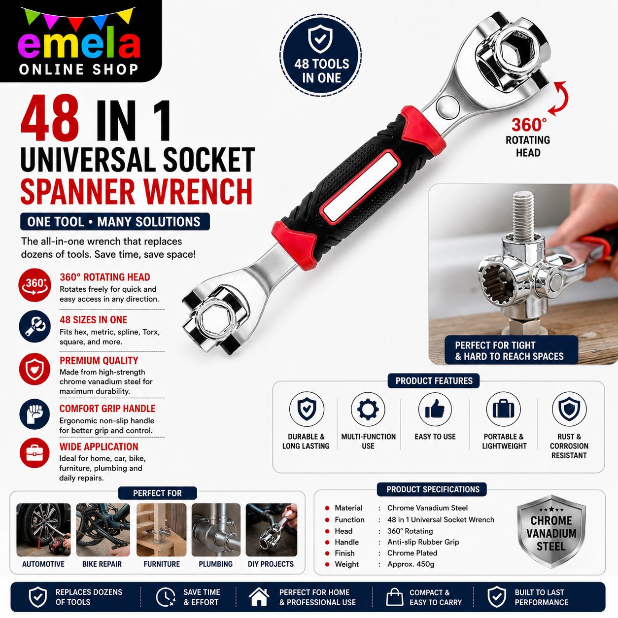 48 in 1 Universal Socket Spanner Wrench | 360° Rotating Head Multifunction Spanner Tool with Chrome Vanadium Steel | Professional Grade Dog Bone Wrench for Home, Car, Bike Repair & Maintenance
