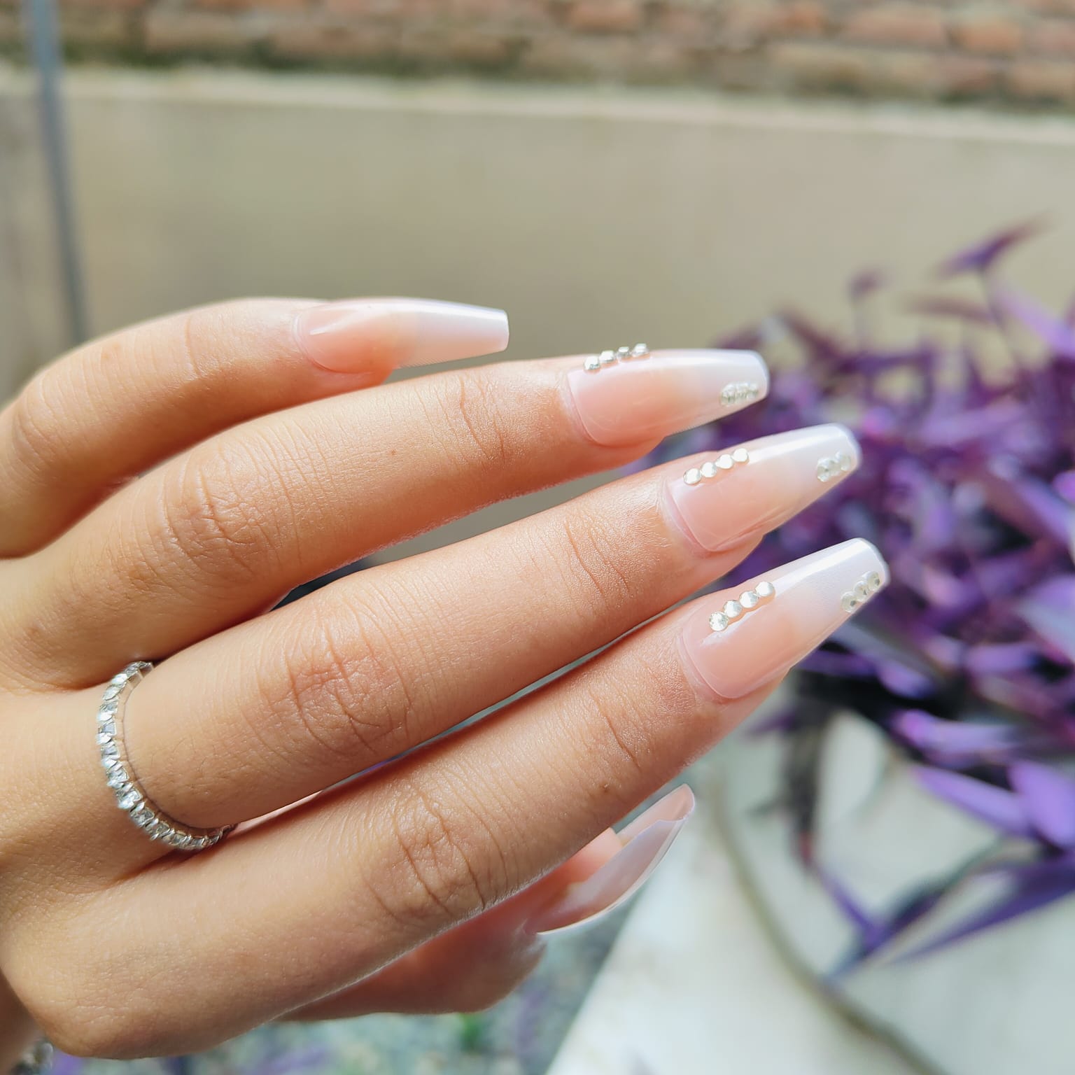 24 Pcs/Pack Press on Nails Long, Nude Pink Color Nail With Linear Diamond Dots - Cute & Elegant Press On Nails with Nail Glue, Stick Glue on Nails False Nails Acrylic Nails for Women (Teej Special Gift)