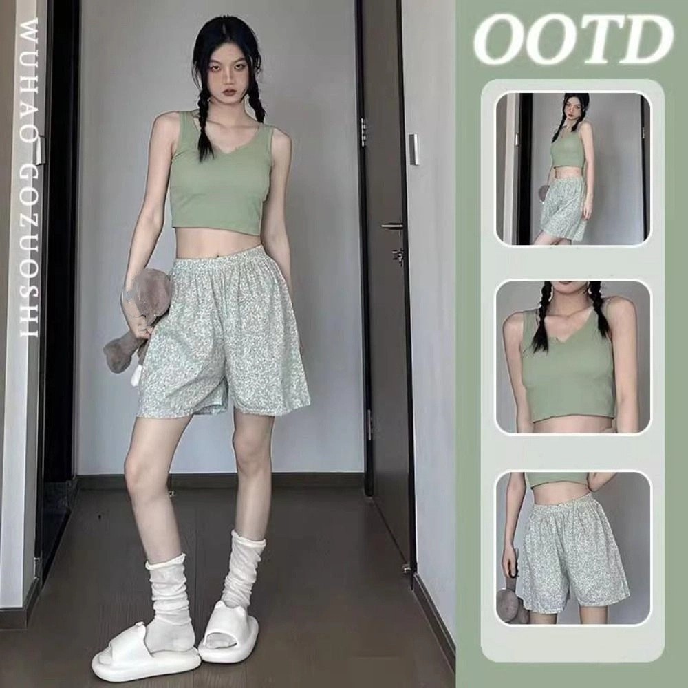 Fashion Plaid Floral Striped Pajamas Sleeveless V-neck Shorts Camisole Suit Sweet Home Clothes Women's Summer Sleepwear Girl