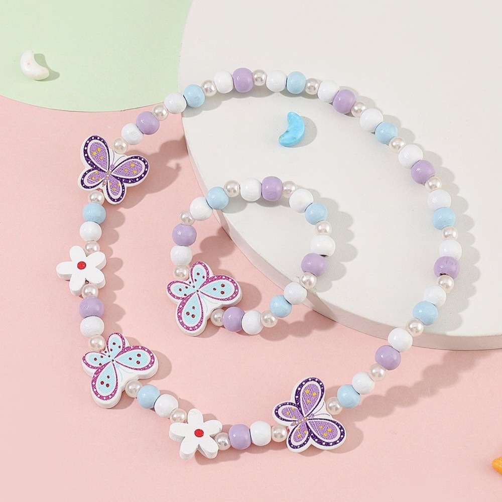 2pcs Party Jewelry Cute Cartoon Wood Beads Necklace Girls Bracelets Animal Shape Bracelet Jewelry Set Charm Toys Children's Necklace