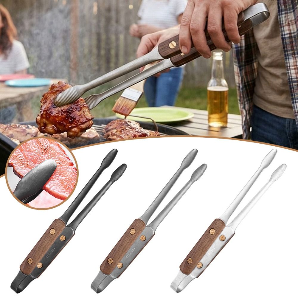 High Quality 304 Stainless Steel Barbecue Grill Tongs Wooden Handle Heat Insulation Food Tongs Anti Scalding Clip BBQ Tongs Cooking