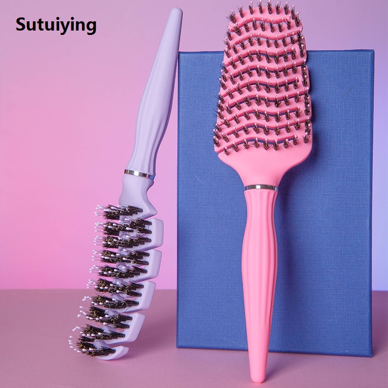 Sutuiying 1pcs Curved Vented Boar Bristle Comb Professional Scalp Massage New Comb Detangling Curl Anti-static Hairbrush Salon Styling Tool