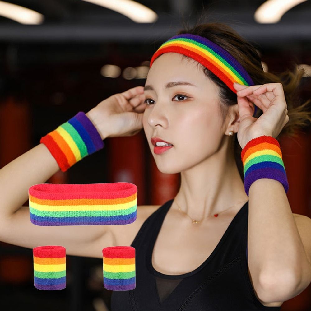 Cosplay Colorful Rainbow Tennis Headband Cloth Elastic Athletic Sweat Bands Soft Breathable Sport Wristband Protect The Wrist Joint