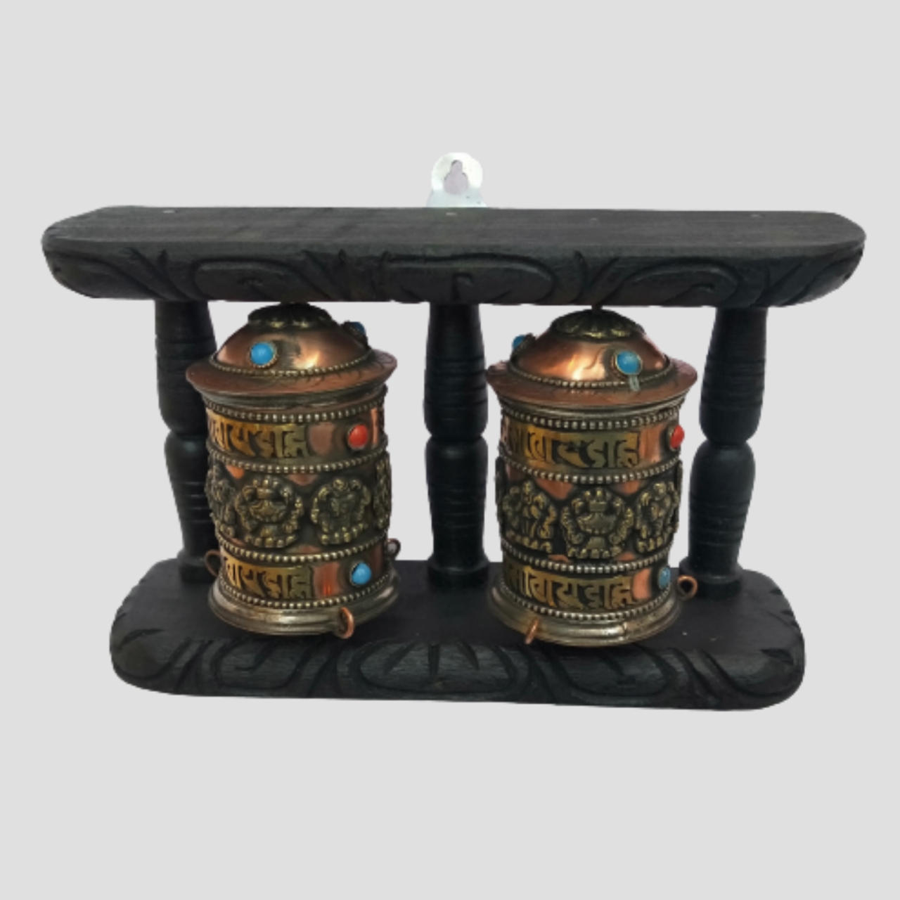 Two Wheel Prayer Wheel Or Mane With Wooden Frame Wall Hanging Or Table Decor ( 5 x 8) "
