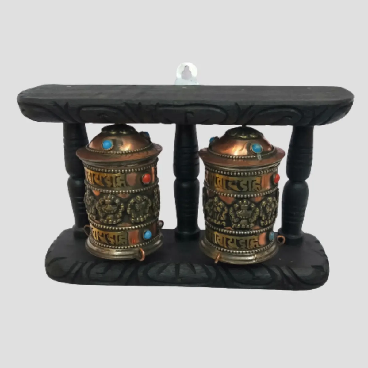 Two Wheel Prayer Wheel Or Mane With Wooden Frame Wall Hanging Or Table Decor ( 5 x 8) " - image 1