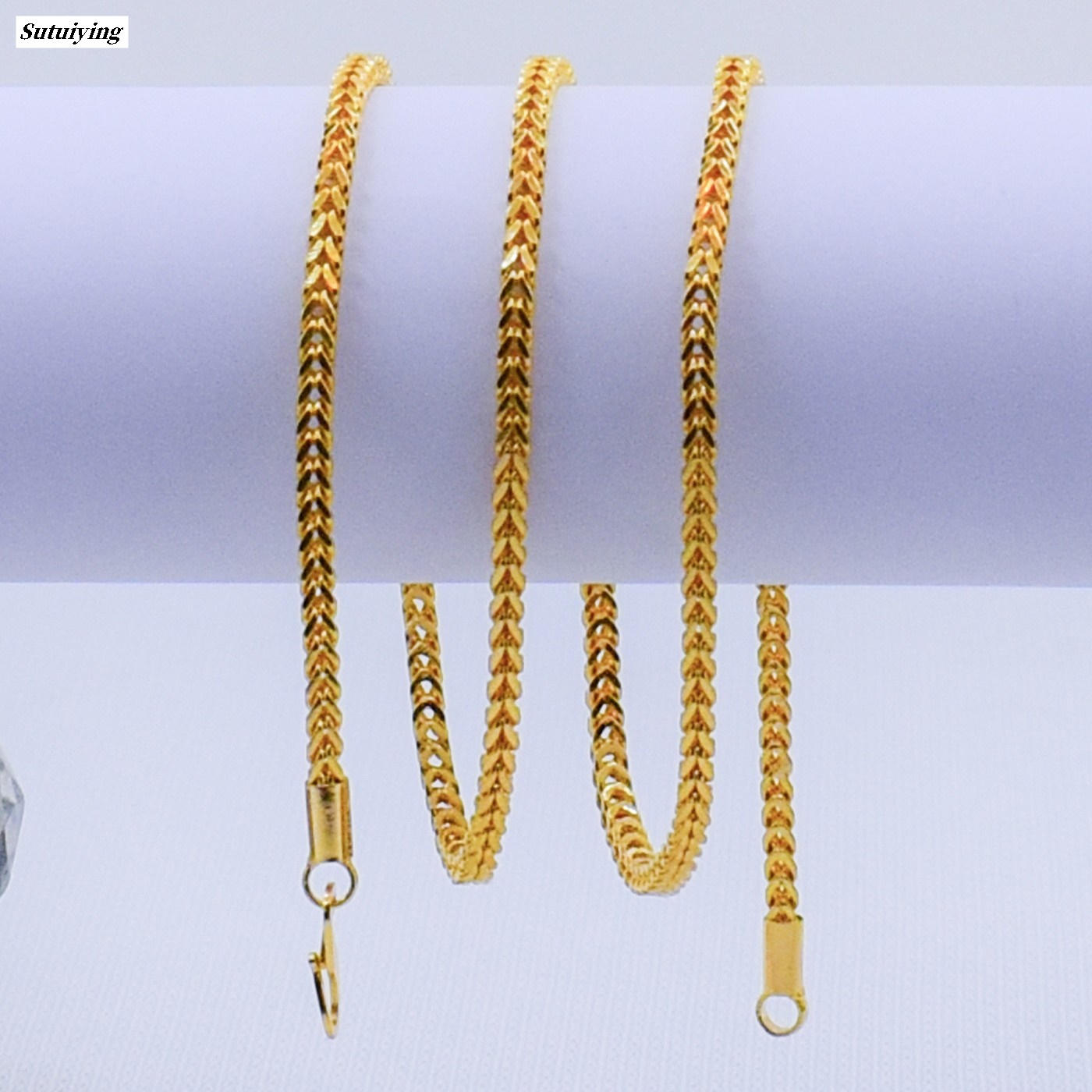 Sutuiying 22K Gold Plated Unisex Foxtail Chain 3MM 18 24 Inch fox tail chain Necklaces for Women Men Luxury Fashion Sales promotion Party Wedding Engagement Jewelry Gifts Original 22K Gold Color 24K Gold Replatable Classic Jewellary