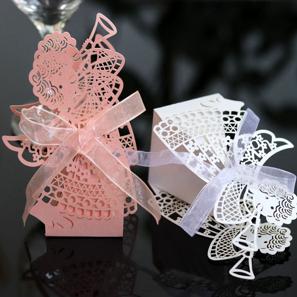 10pcs Baby Shower Wedding Ribbon Custom Angel Girl Gift Packaging Box Hollow Carriage Chocolate Candy Boxes Party Favor Decoration