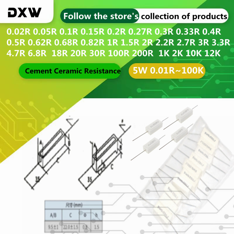 10PCS/Lot 5W Cement Ceramic Resistance 0.01R~100K 0.1 0.27 10 0.33 0.5 1 2 3.9 4.7 5 8.2 10 20 27 30 33 100 300R 1K 10K 47Kohm
