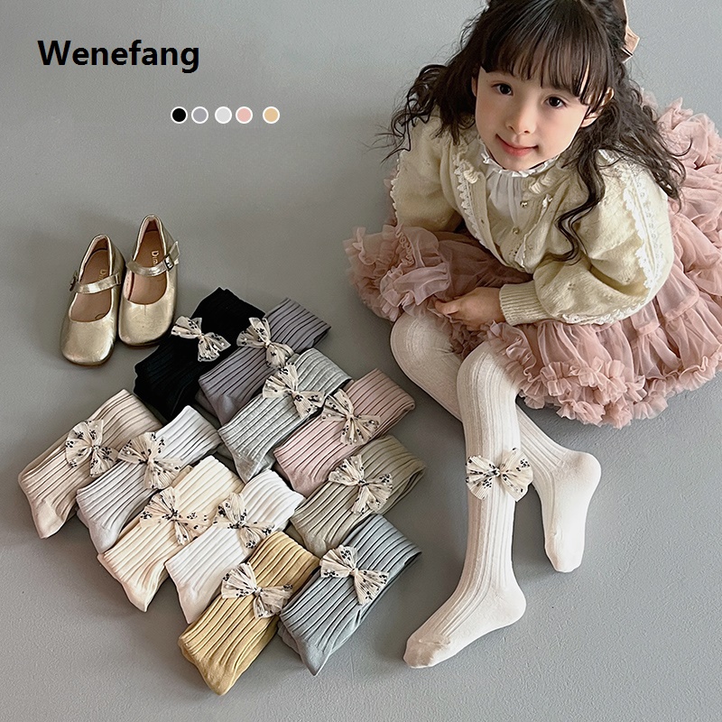 Wenefang 0-10y Lace Bow Kids Girls Pantyhose Spring Summer Girls Knitted Leggings Tight Baby Toddlers Footed Pantyhose Dress Dance Socks