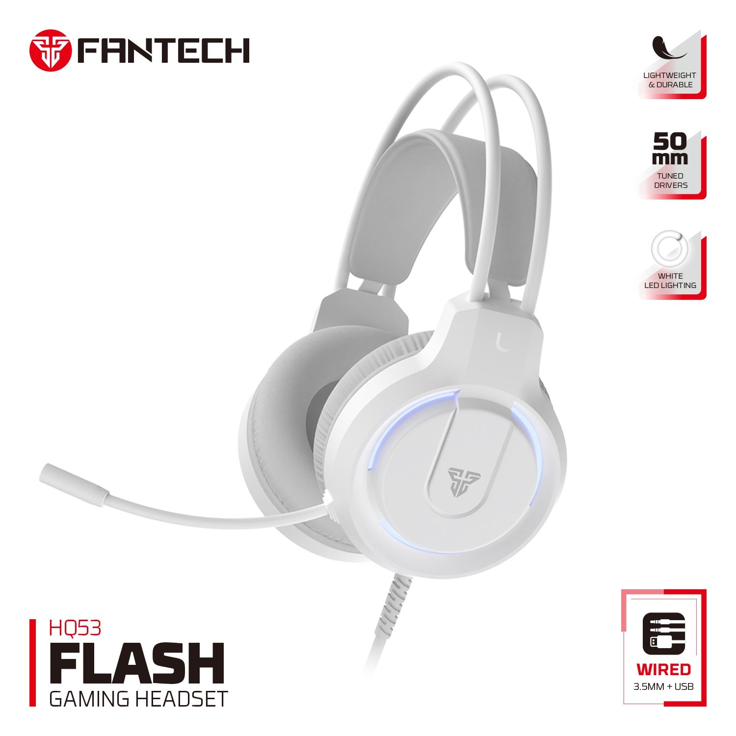 FANTECH HQ53 White Wired Gaming Headset with 50mm Drivers and Noise Reduction Microphone for PC