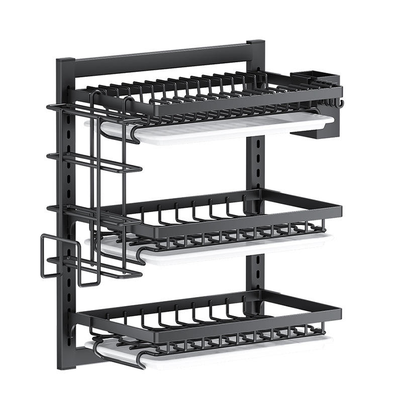 Wall Mounted Metal Dish Rack 3 Tier, Carbon Steel Kitchen Drying Dish Sink Rack, Storage Plate Bowl Organizer