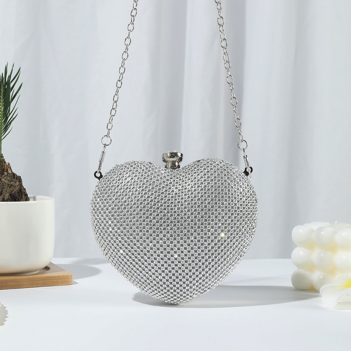 New Mini Heart-Shaped Double-Sided Rhinestone Fashion Quiet Luxury Style Evening Bag Clutch Banquet Bag