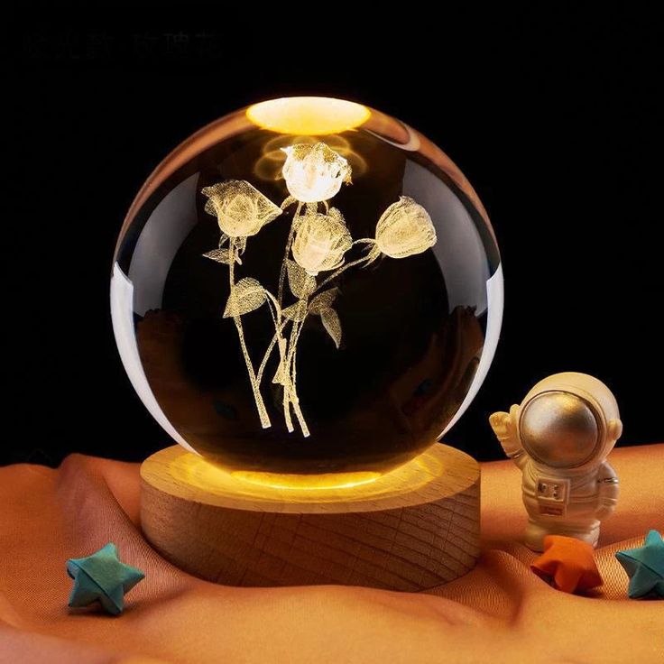Small Night Lights Wooden LED Light Base Crystal Glass 3d Ball