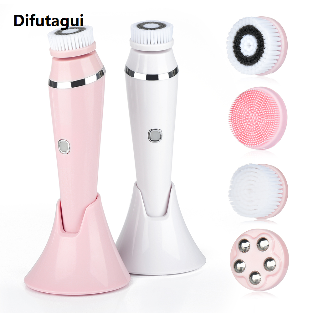 Difutagui High Quality 4 in 1 Electric Facial Cleansing Brushes Face Massager Silicone Rechargeable Sonic Roller Blackhead Remover Pore Cleaner