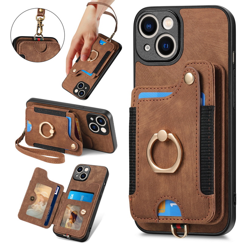 For iPhone 15 Plus 14 13 12 Pro Max 11 Leather Shockproof Wallet Card Slot Ring Holder Case Cover Soft Edges Protection Phone Shell With Wrist Strap