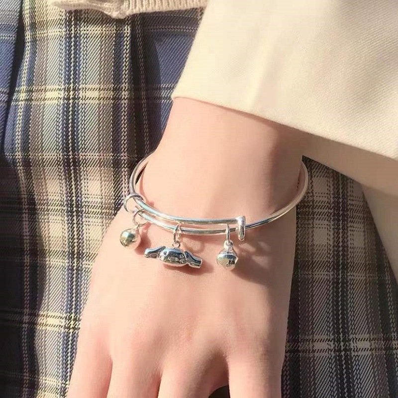 【Good sharing!】Yugui Dog Bell Bracelet Women's Simple Trendy Student Cute Cartoon Dog Bracelet White Copper Silver Plated Solid Bracelet