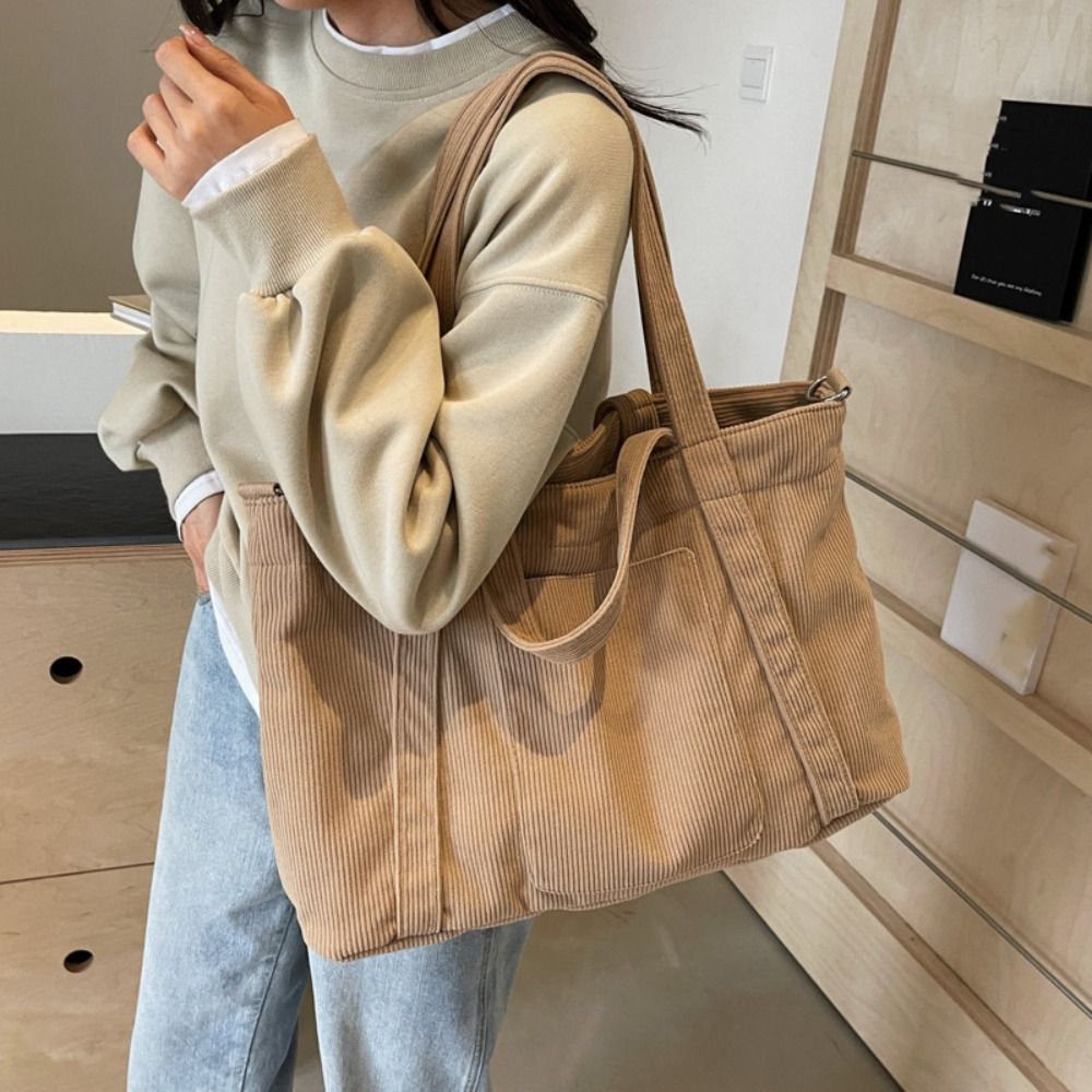 Simple Solid Color Corduroy Shoulder Bag Casual Canvas Tote Bag Large Capacity Handbag Crossbody Bag Shopping