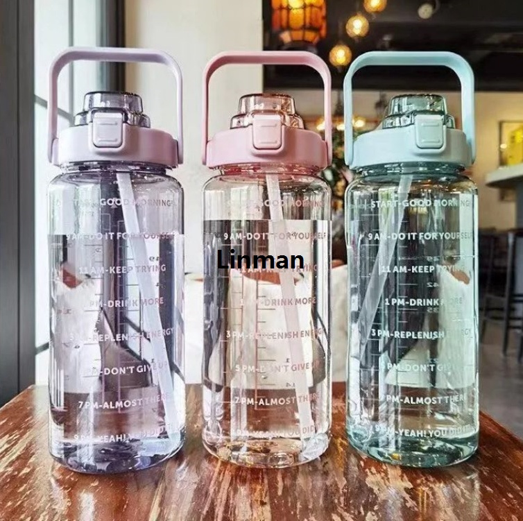Linman Large Capacity 2L Sports Water Bottle with Straw Portable Fitne2025 New ss Bike Cup Transparent Kettle for Road Trip Outdoor Plastic Cup