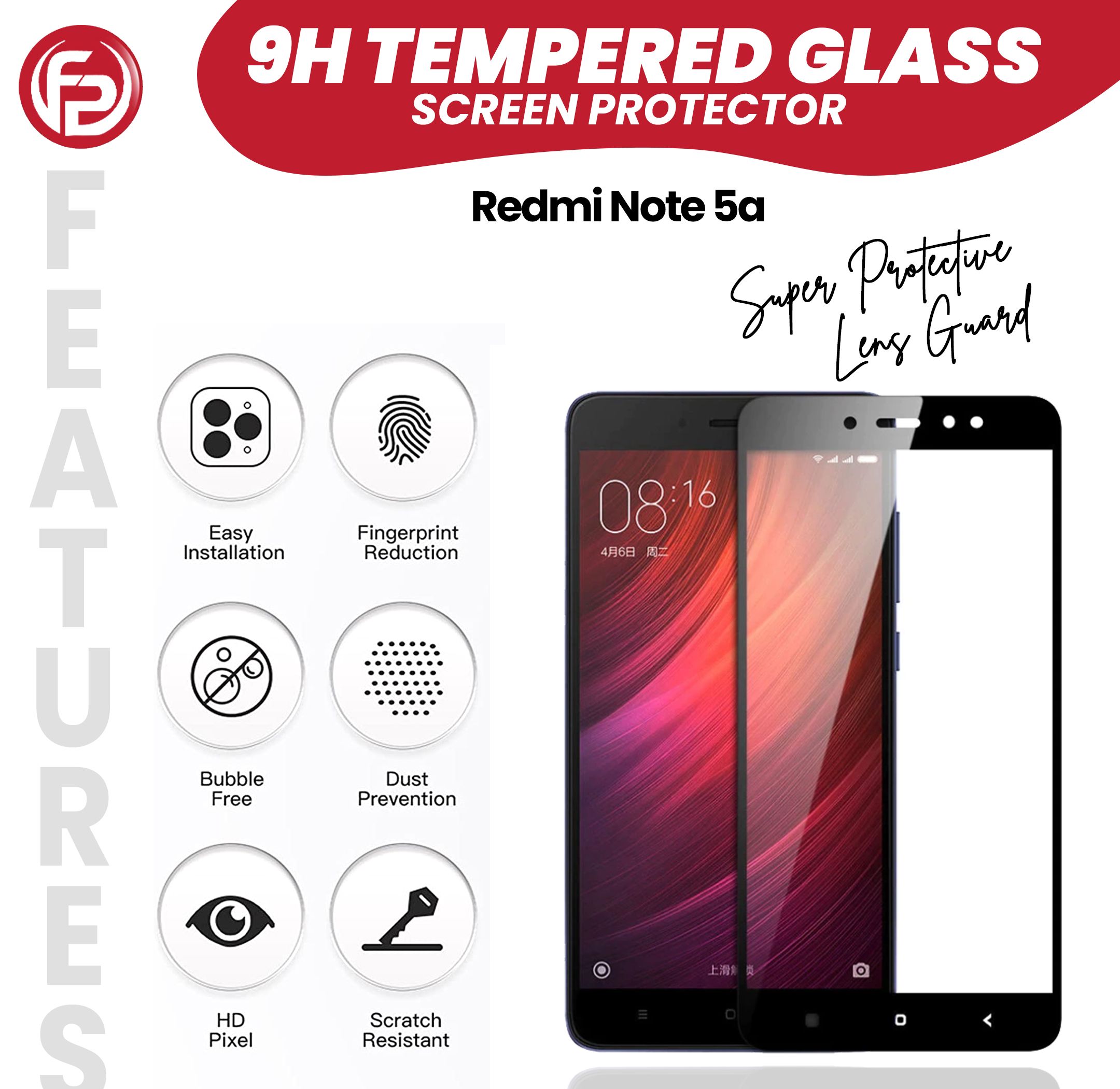 Redmi Note 5A: Full Screen Tempered Glass Screen Protector