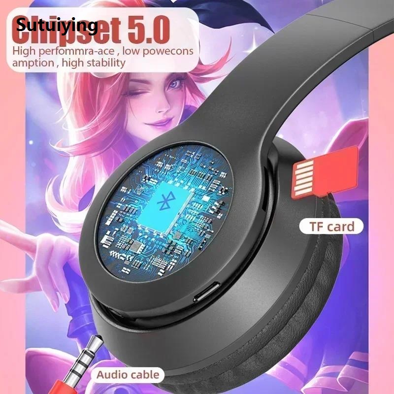 Sutuiying P47M Wireless Game Headphone Flash Light Cute Cat Ears Gaming with Luxury Mic Control LED Stereo Music Phone Bluetooth Headset Gift