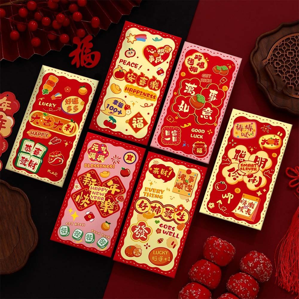 6PCS Cute Paper Horse Year Red Envelope Cartoon New Year Money Bag Bless Words Hongbao Birthday Gift