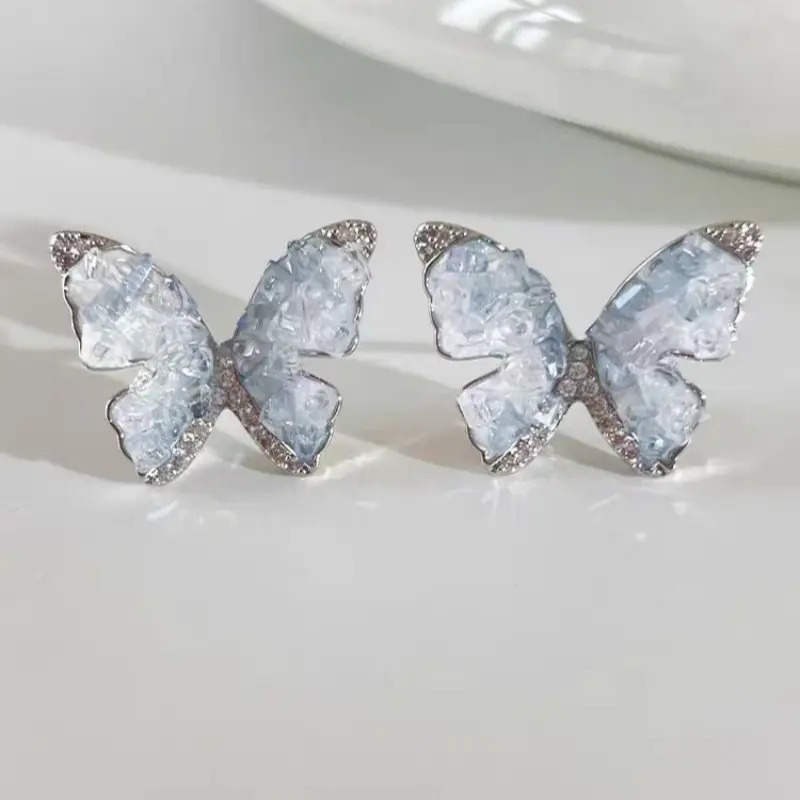Butterfly Stud Earrings for Women Crystal Stone Zircon Colorful Tassel Earrings Sparkly Jewelry