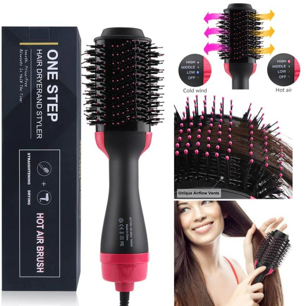 3 in 1 Hot Air Brush & Volumizer, One-Step Hair Dryer and Styler, Black Blow Dryer for Straight and Curly Hair,black - image 1