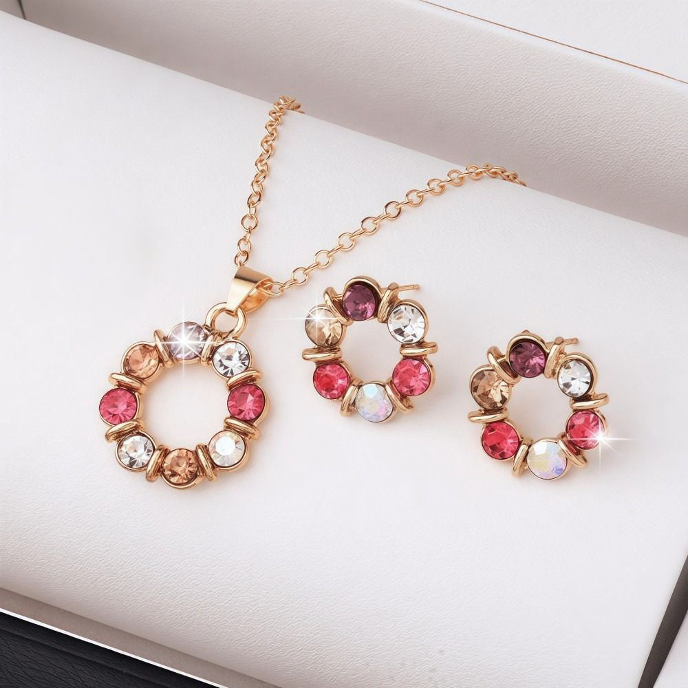 3pcs Fashion Gold Color Necklace Earrings Set Simple Style Exquisite Stained Earring Jewelry Sets Circle Shape Design Glass Diamond Necklace Jewelry Set For Ladies Girls
