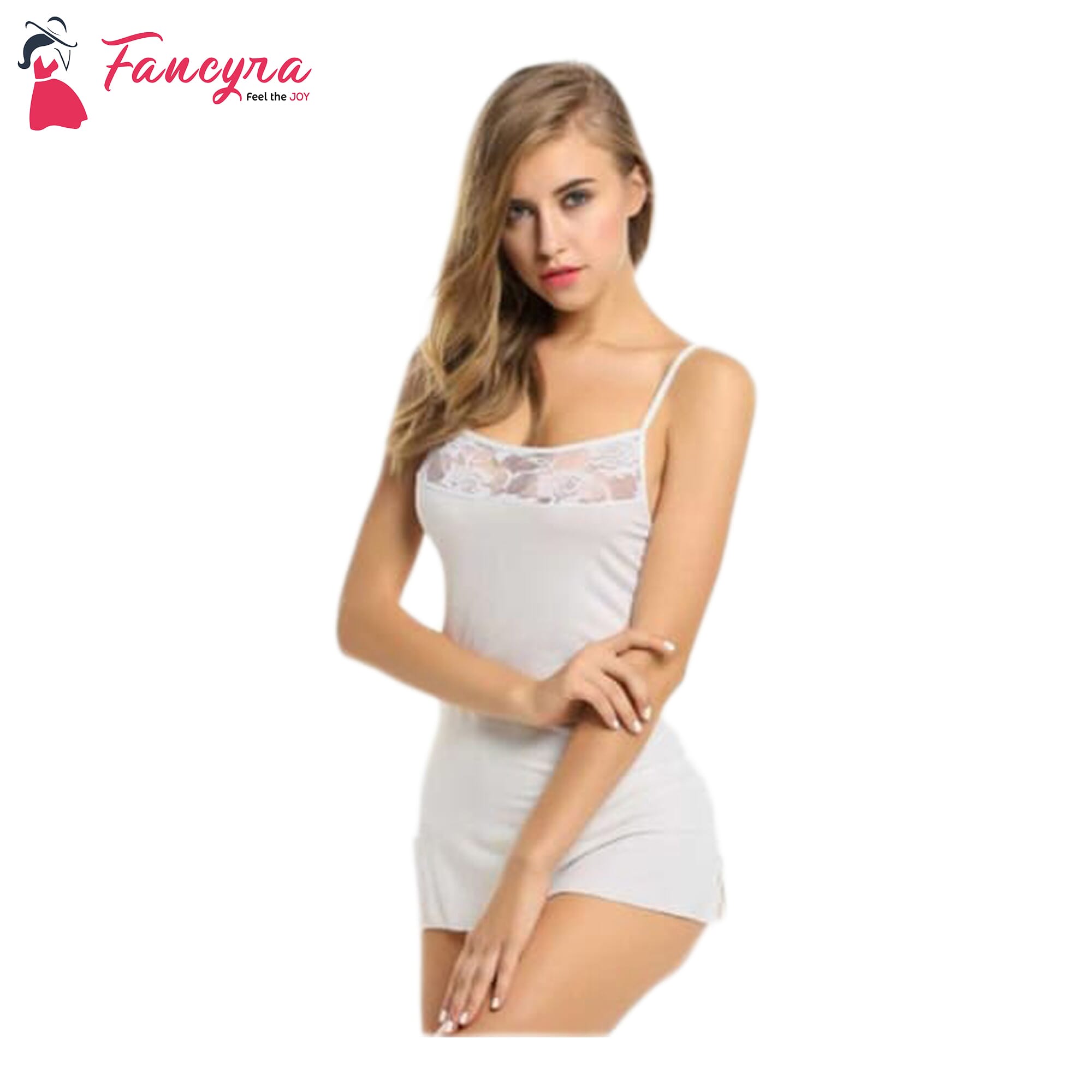 Fancyra Women Lingerie Net Solid Above Knee Baby Doll With G String Panty White Color Free Size