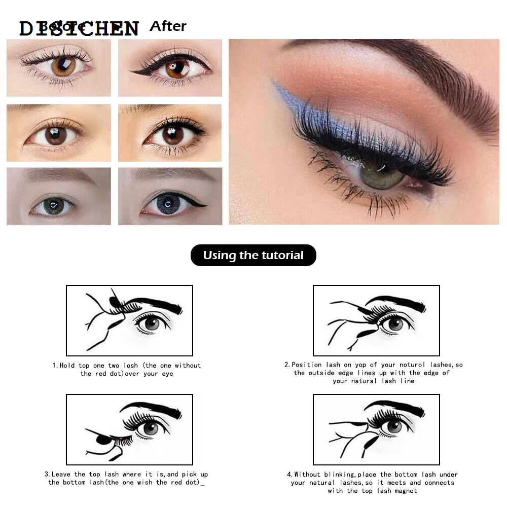 DISICHEN Luxury 8 pcs/2 pairs magnetic eyelashes with 5 magnets, reusable handmade 3D mink false eyelashes natural with magnetic tweezers