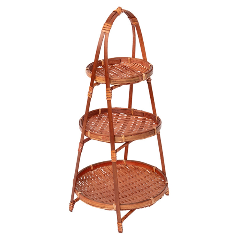 Multi-Function 3-Layer Vegetable Fruit Food Bamboo Woven Basket Handmade Standing Tray Storage Basket for Kitchen 1Pcs