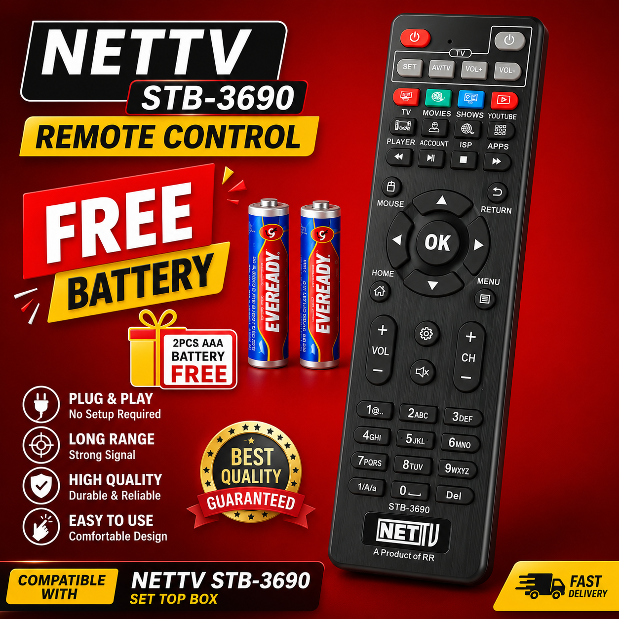 NET TV Remote STB-3690 Remote Control with FREE AAA Batteries | Replacement Remote for Set Top Box