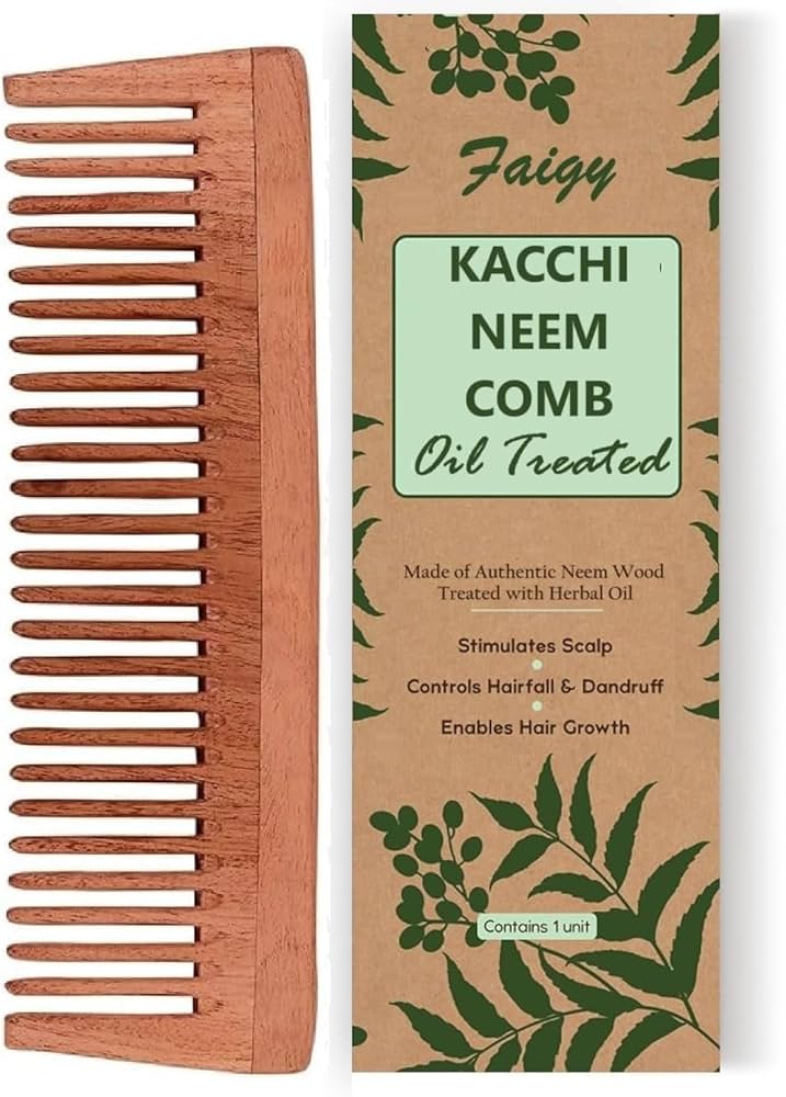 1pc Neem Wooden Comb Herbs, Neem & Sesame Oil For Multi-Actions - Detangling, Frizz Control & Shine Suited For All Hair Types