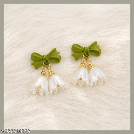 Earrings Gold Plated Stylish Fashionable Green Bow Floral Drop White Dangle Korean Earrings for girls