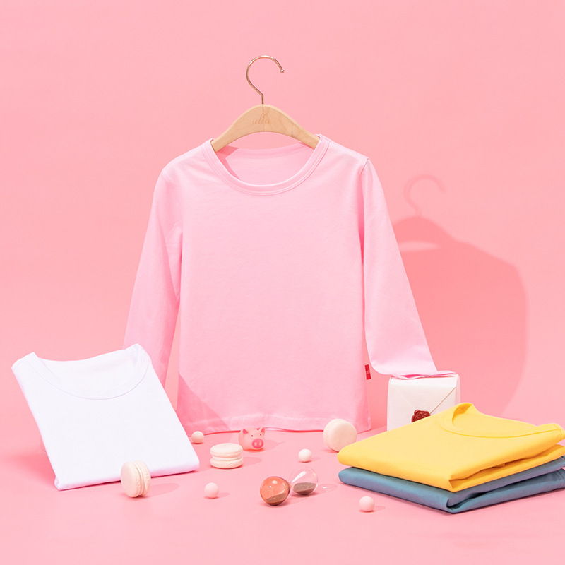 2025 Spring and Autumn New Children's Long-Sleeved T-Shirt Base Shirt Pure Cotton Solid Color Crew Neck Children's Top for Men and Women is in stock