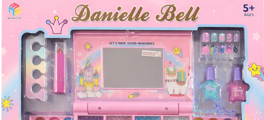 Danielle Bell Princess Makeup Kit - pink glittery castle-themed, includes nail polish, lip gloss, mirror, age 5+