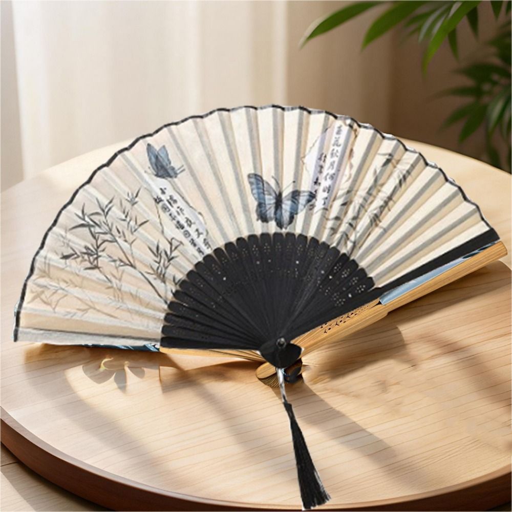 Elegant Retro Folding Butterfly Fan Chinese Style Portable Dancing Fan with Tassels Bamboo Handheld Fan Home Decor