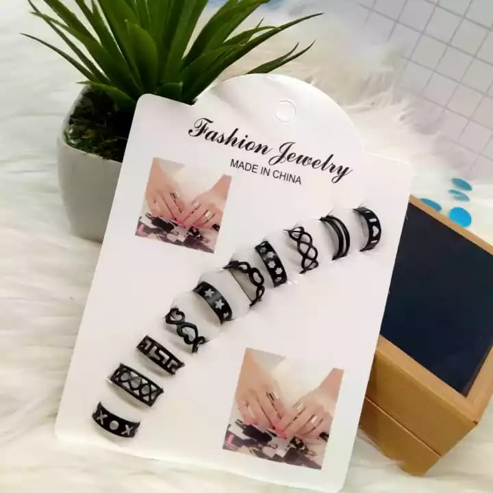 NEW Pack of 10 - Stainless Adjustable Rings For Girls - Black - Attractive