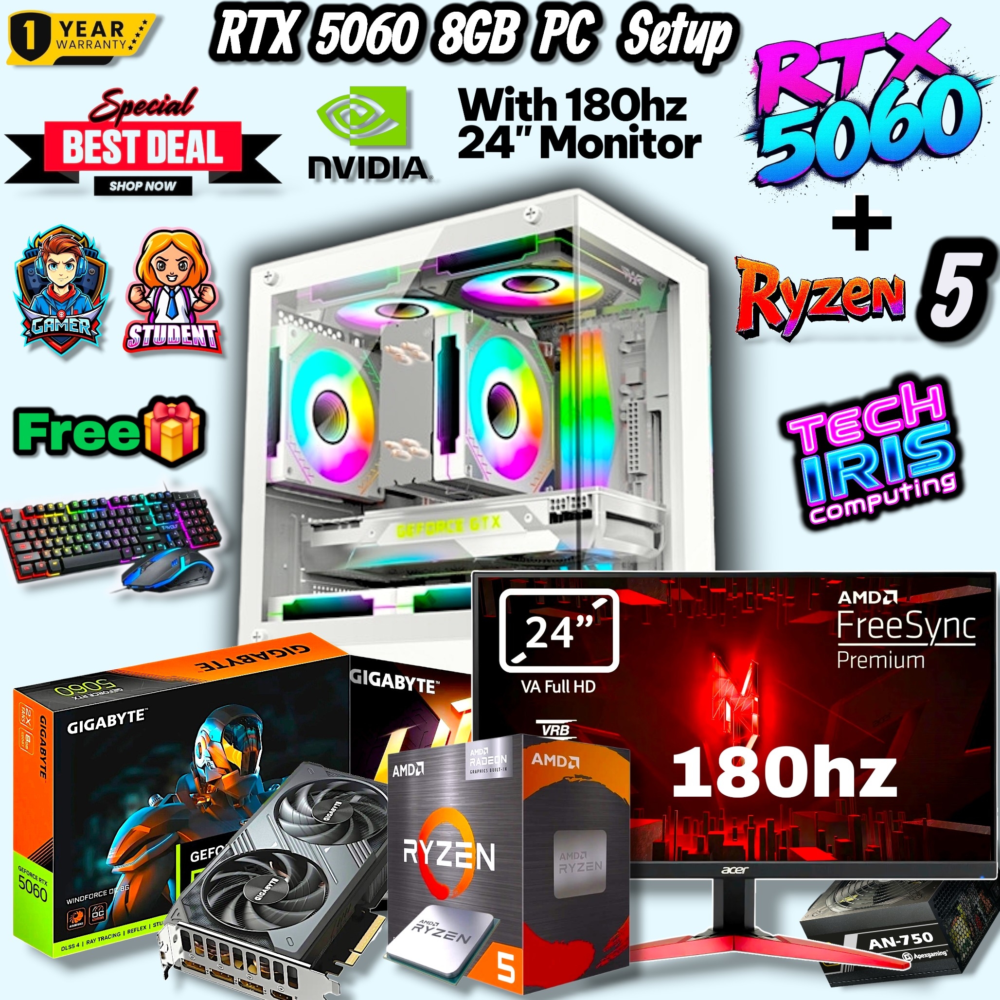Transparent Gaming PC Setup Ryzen 7 5700X Embedded RTX 5060 Graphics, 8/16GB 3200Mhz RAM, 750Watt 80+Bronze PSU Performance Gaming Editing Desktop
