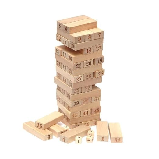MyKEA 51 Pieces Buiding Blocks 51 Pcs Blocks 2 Dices 1 Hammer Wooden Numbered Bricks Stacking Classic Traditional Toppling Tumbling Tower Game