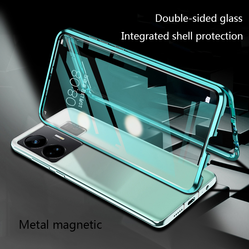 Biruiqu For Realme GT 3 Magnetic Absorption Case Metal Frame Shockproof Double Sided Tempered Glass Magnetic Case Cover