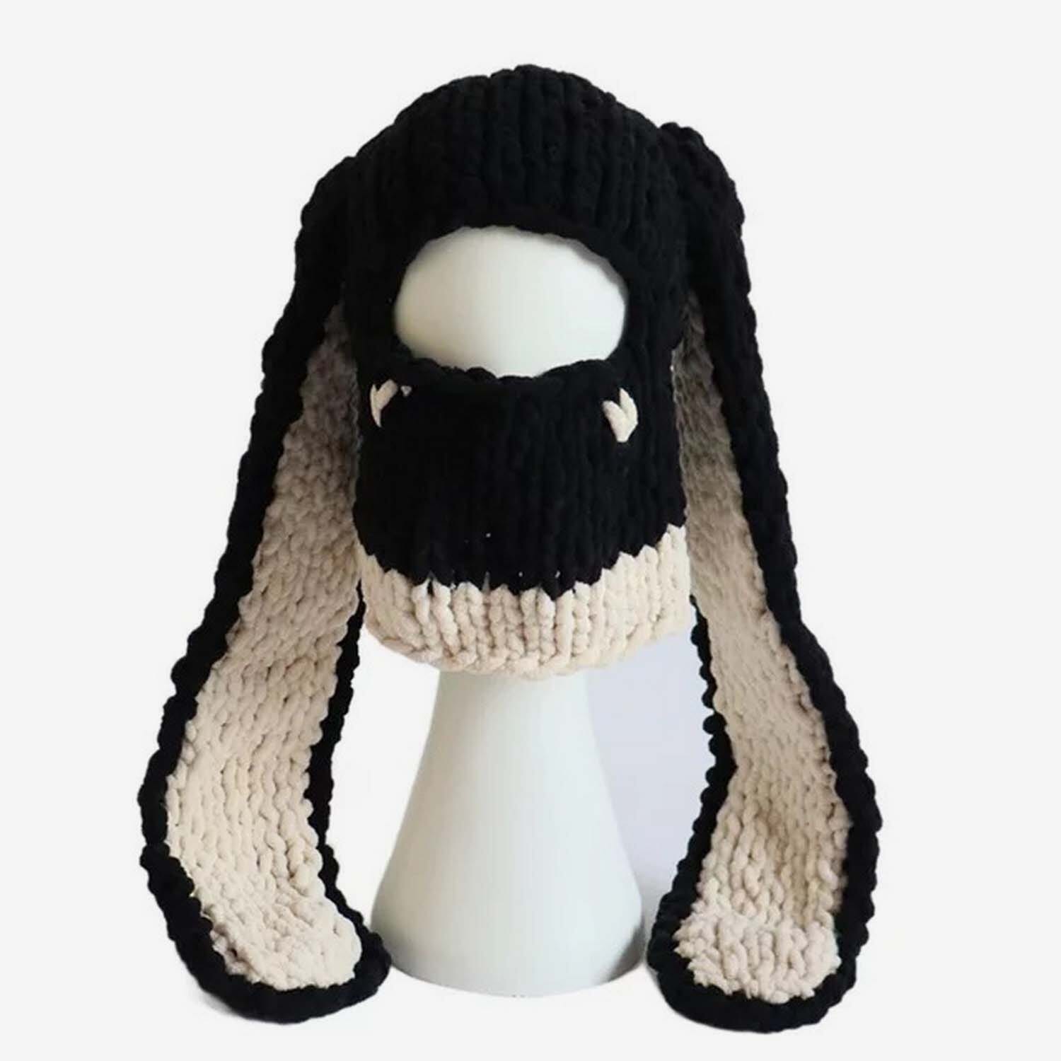 Masala Beads Harajuku Y2K Lovely Long Rabbit Bunny Mask Beanie Hat Women Winter Thicken Warm Windproof Knitted Caps Streetwear